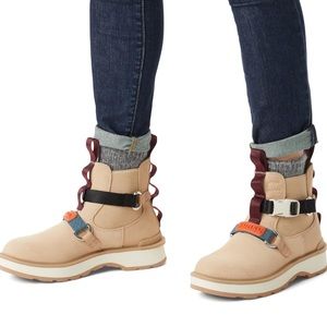 Sorel Beige and Burgundy Women's Lace-Up Winter Boots with Orange Accents